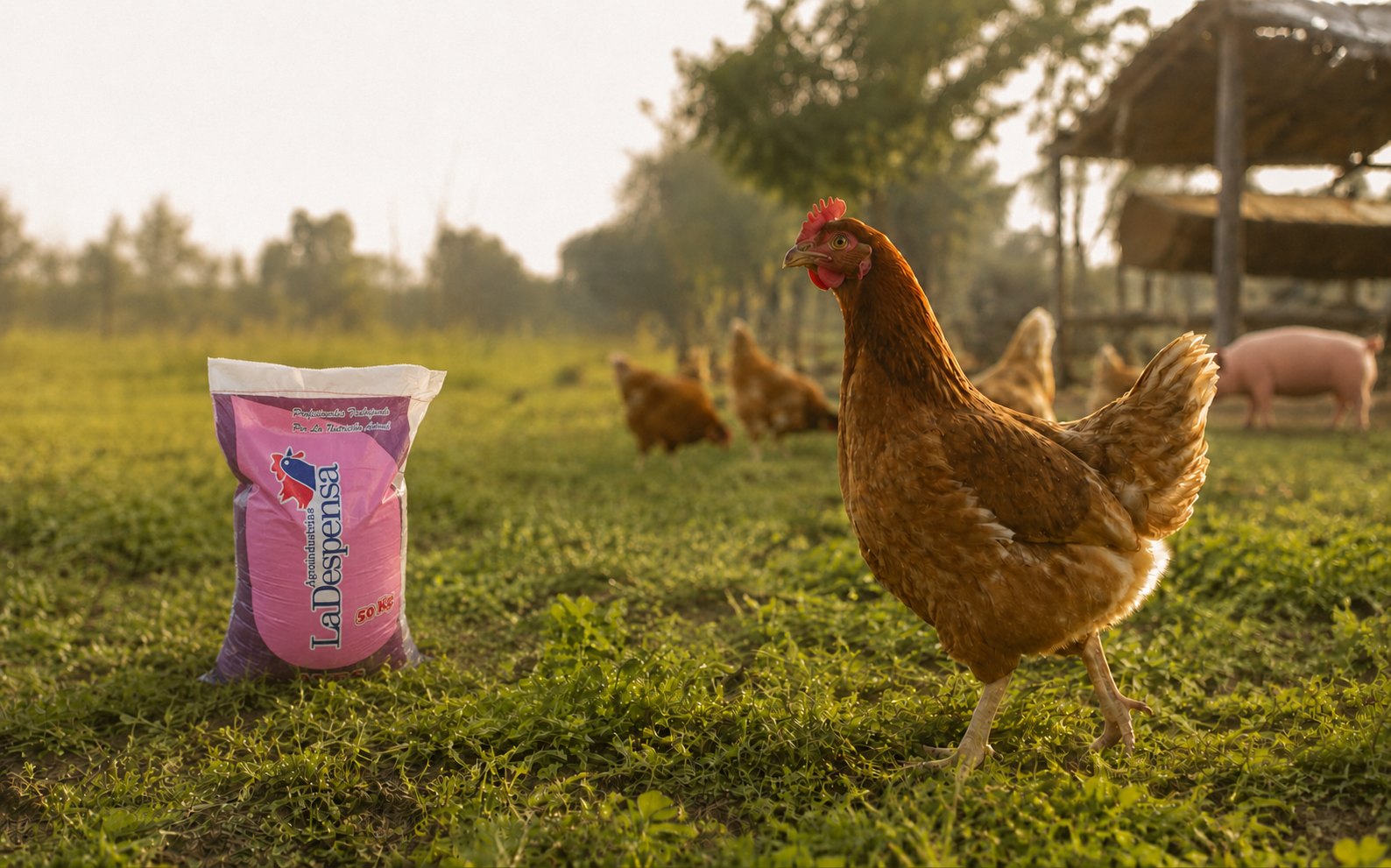 Gallina junto a un saco de alimento La Despensa